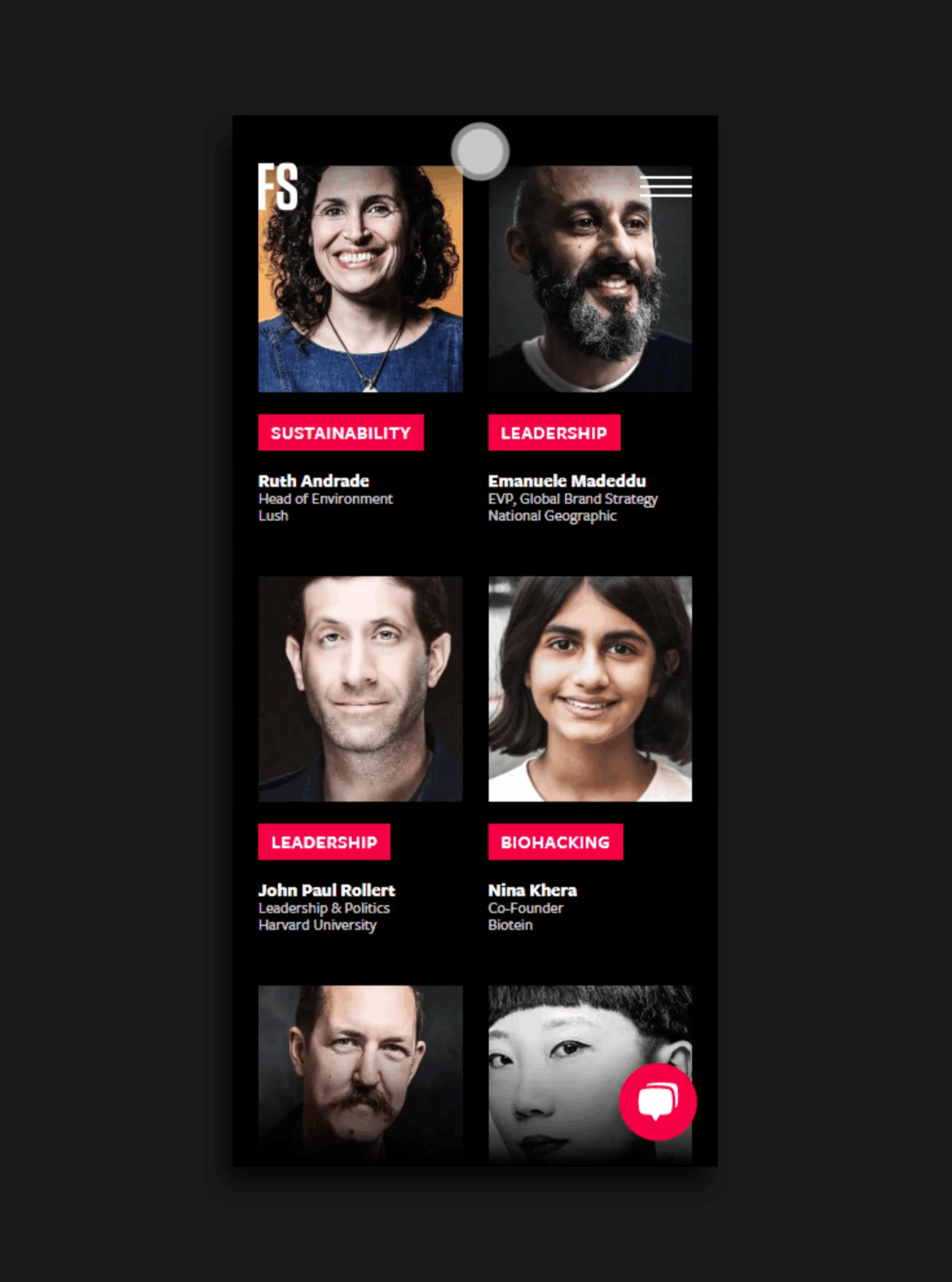 Ein Bildschirm zeigt Profilfotos von Ruth Andrade, Emanuele Madeddu, John Paul Rollert und Nina Khera.