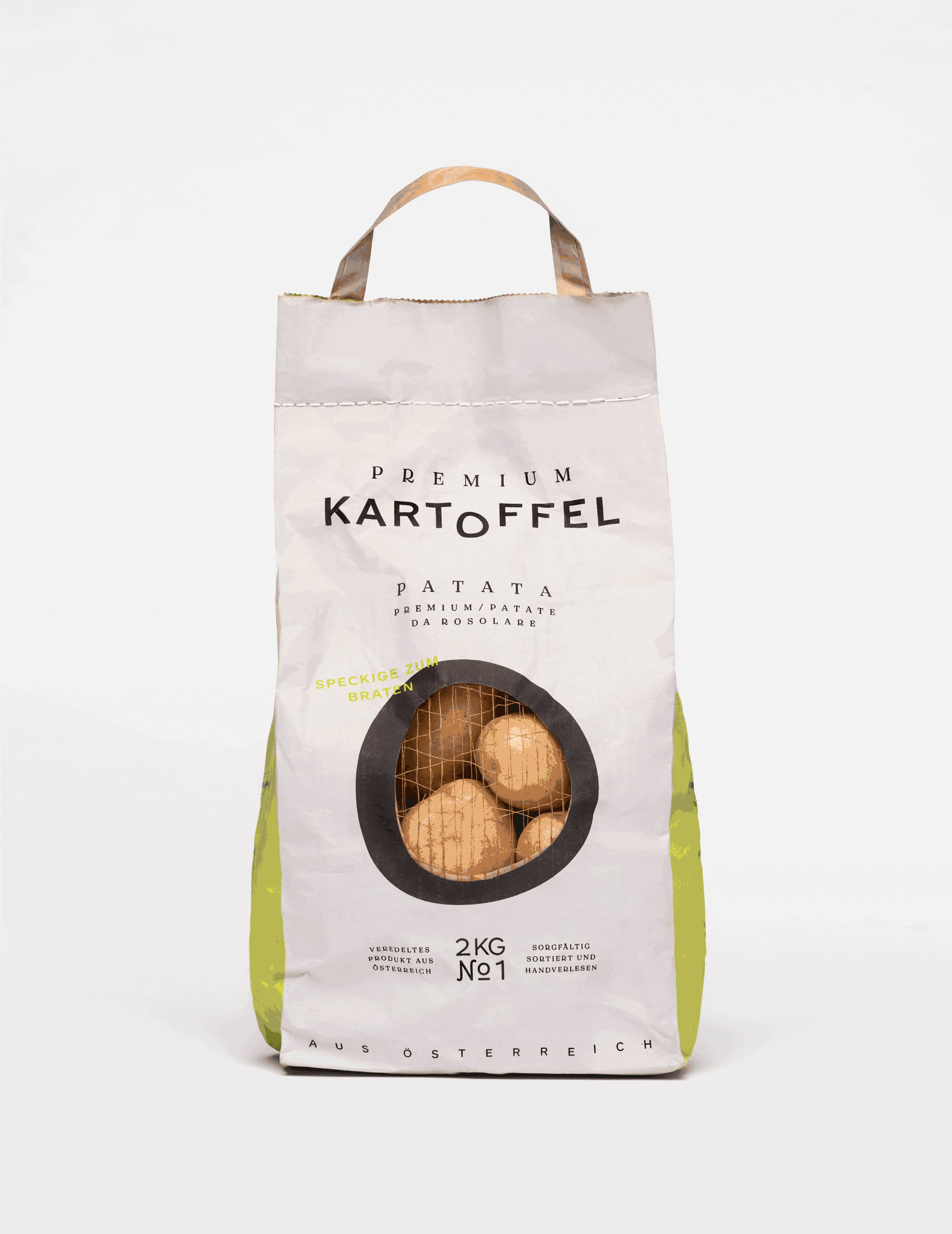 Ein Sack "Premium Kartoffel" aus Österreich, 2 kg, mit Griffen und einem Fenster, das Kartoffeln zeigt.