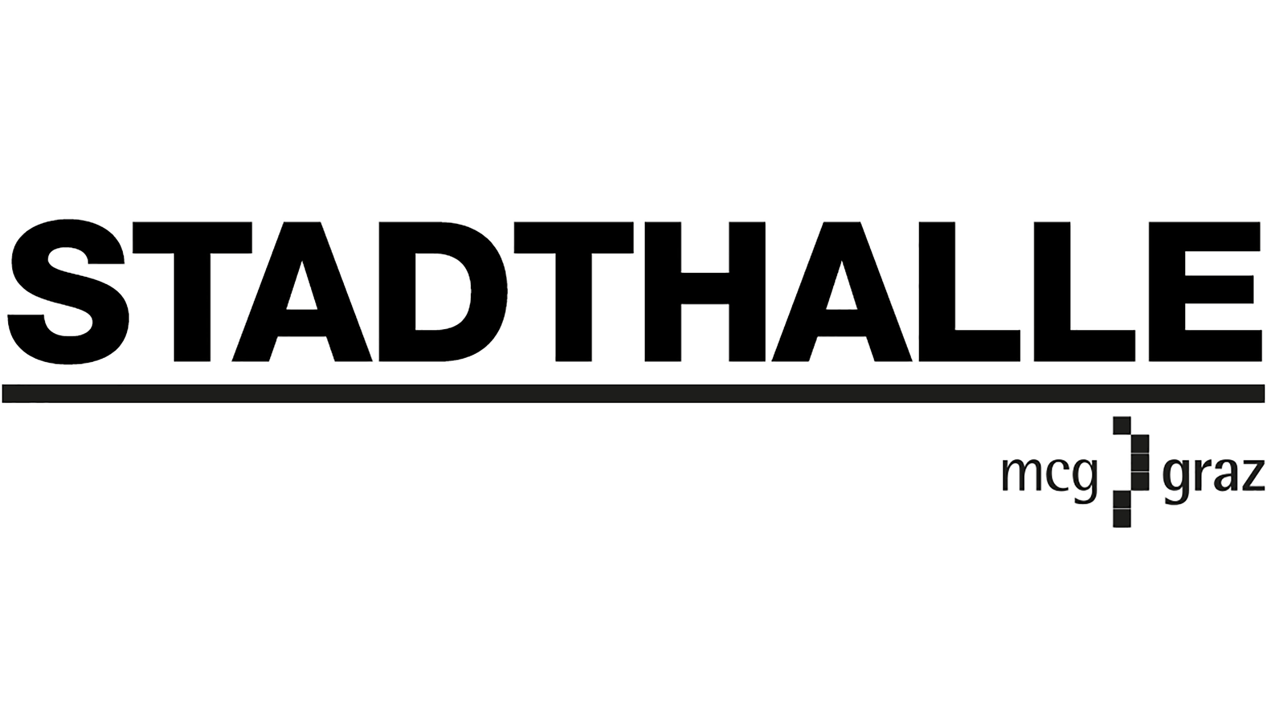 Logo der Stadthalle Graz in Schwarz-Weiß. Text: "STADTHALLE", "mcg graz".