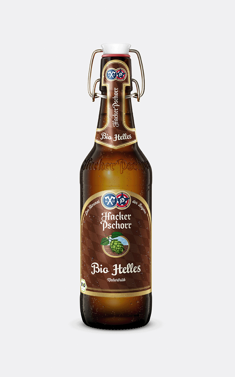 Eine Flasche Hacker Pschorr Bio Helles, mit Bügelverschluss. Auf dem Etikett steht "Bio Helles Naturtrüb".