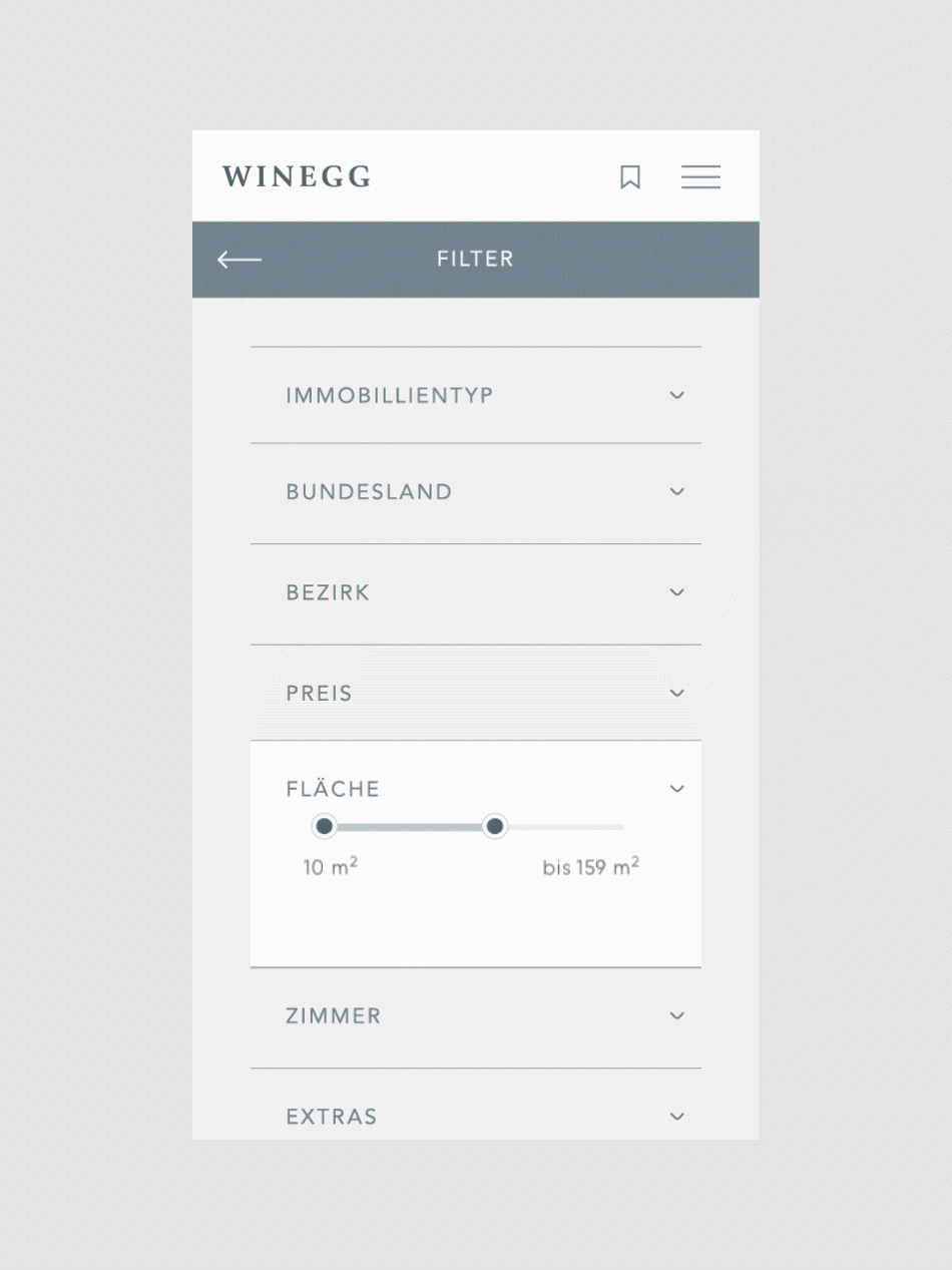 Ein hellgraues UI-Element des Immobilienfilters „WINEGG“ mit Optionen wie Immobilientyp und Fläche.